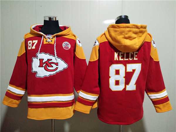 Kansas City Chiefs #87 Travis Kelce Red Lace-Up Pullover Hoodie,We sell and wholesale Kansas City Chiefs #87 Travis Kelce Red Lace-Up Pullover Hoodie on line form chian!